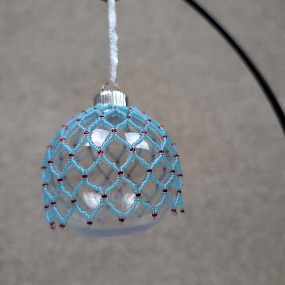 Handmade Beaded Christmas Ornament Blue Red Clear Plastic Ball Holiday Decor - Picture 4 of 4
